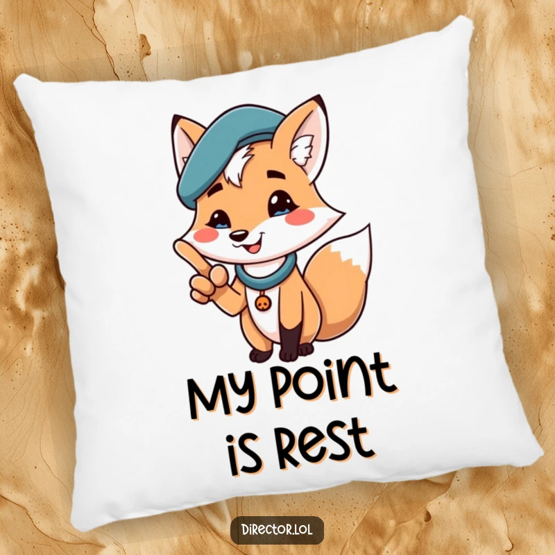 Funny pillow with a cheerful fox in a beret, dramatically pointing with a proud smile, a comfortable and humorous decorative accent.