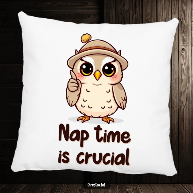 Funny pillow with a happy owl wearing a tiny hat, dramatically gesturing with a miniature pointer, providing soft comfort and intellectual humor.