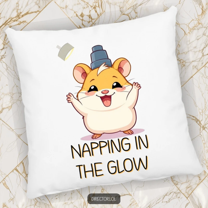 Funny pillow with a joyful hamster adjusting a spotlight with a big grin, perfect for couch or bed.