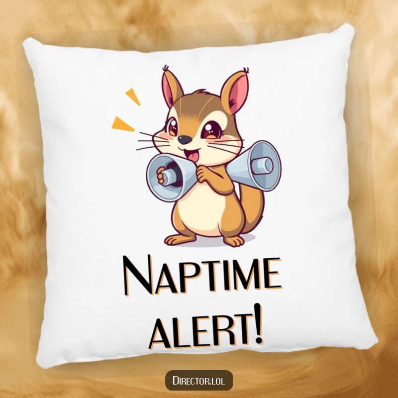 Funny Pillow: Determined squirrel shouting into a megaphone, bright sparkling eyes, adds a humorous touch to seating.