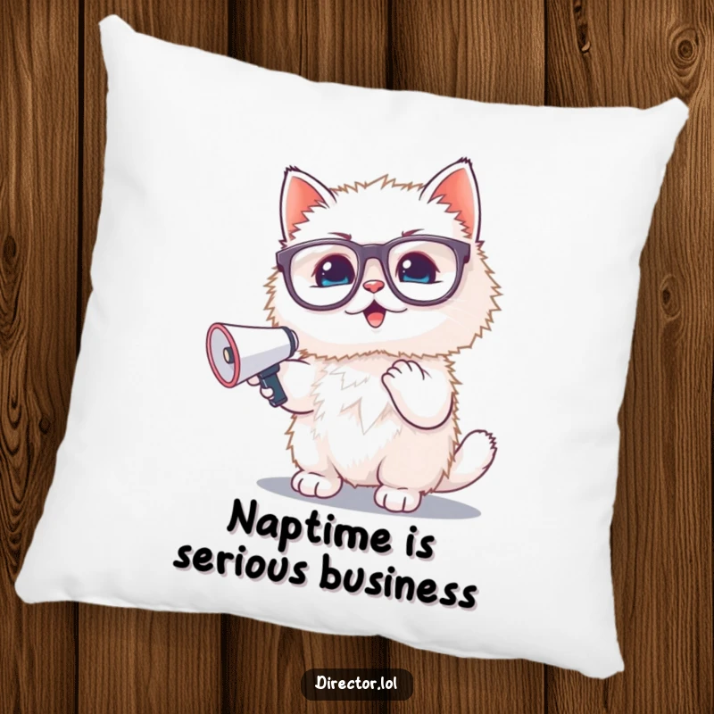 Funny pillow: A fluffy white kitten with huge spectacles enthusiastically shouts through a tiny megaphone, bringing smiles and comfort.