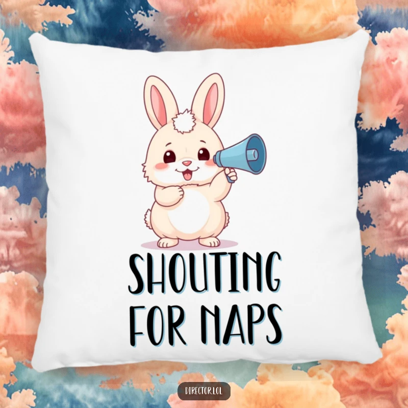 Funny, fluffy bunny wearing a beret holds a tiny megaphone, giving a motivational speech while resting on this soft, decorative pillow.