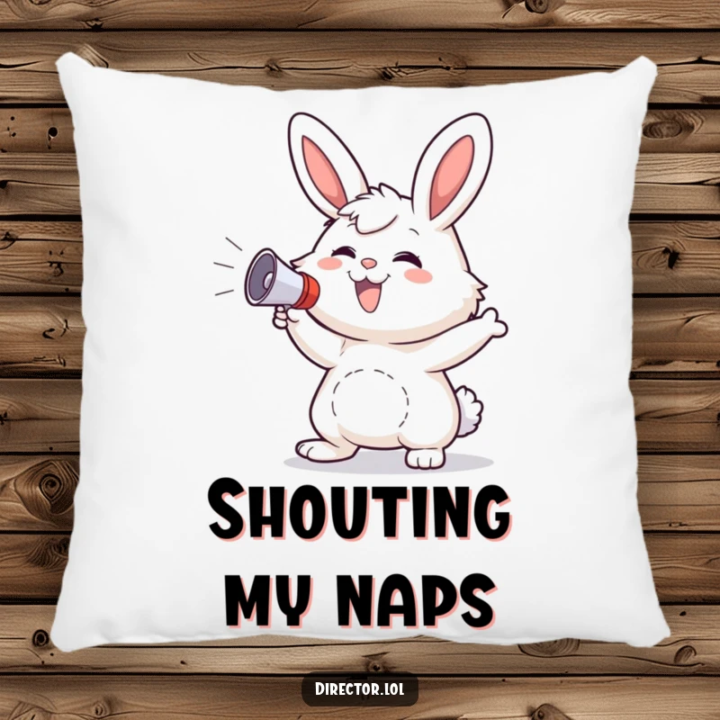 Funny Bunny Pillow: Fluffy bunny grins wildly, holding a small megaphone, perfect for a cheerful touch.