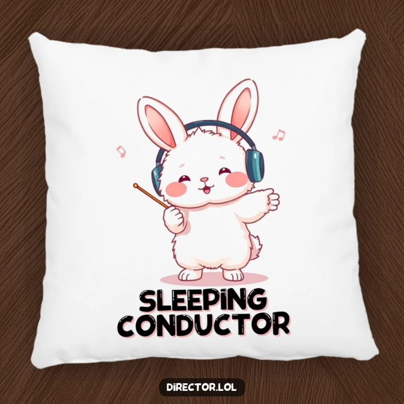 Funny bunny conductor pillow, soft and decorative, a fluffy bunny wearing headphones, enthusiastically waving a tiny baton to an imaginary orchestra.