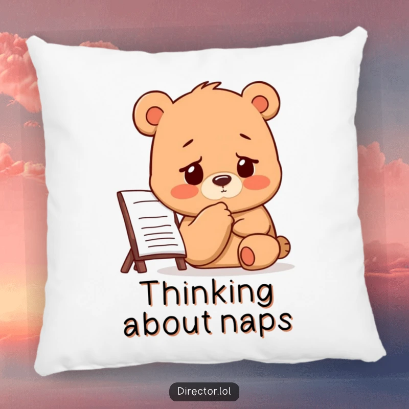 Funny Bear Director Pillow: A bear taps its chin thoughtfully while looking at a storyboard with a focused, furrowed brow.
