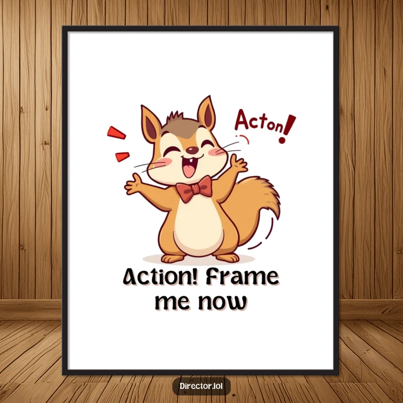 Funny Squirrel Director Digital Art: A squirrel in a bow tie enthusiastically shouts Action! with a wagging tail, capturing a cinematic moment.