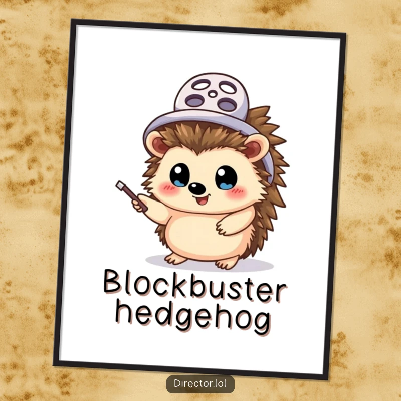 Funny hedgehog director digital art print, instant download, a cheerful hedgehog with a film reel hat, enthusiastically waving a pointer stick with wide eyes.