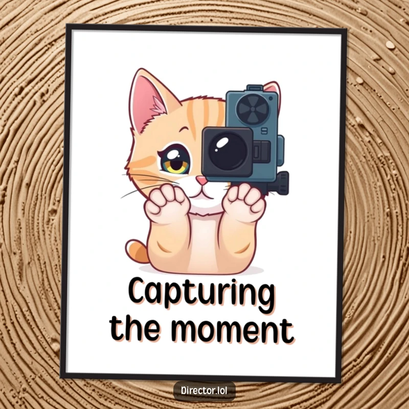 Funny Digital Art of a curious cat with sparkling eyes pawing at a movie camera, bringing a humorous and cinematic vibe to any room's decor.