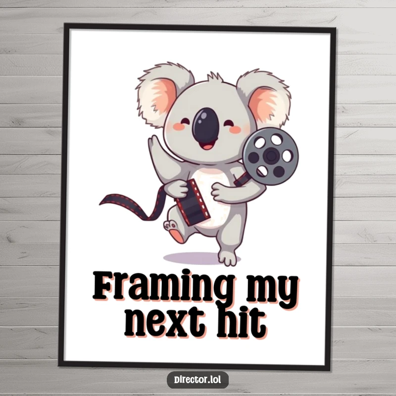 Funny digital art print of a bouncing koala holding a film reel, striking a playful pose, for instant download.