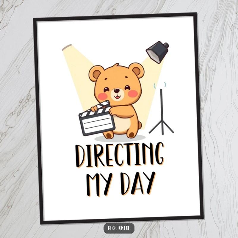 Funny Bear Cub Digital Art Print: Cute bear cub points clapboard at spotlight, a cinematic artwork.