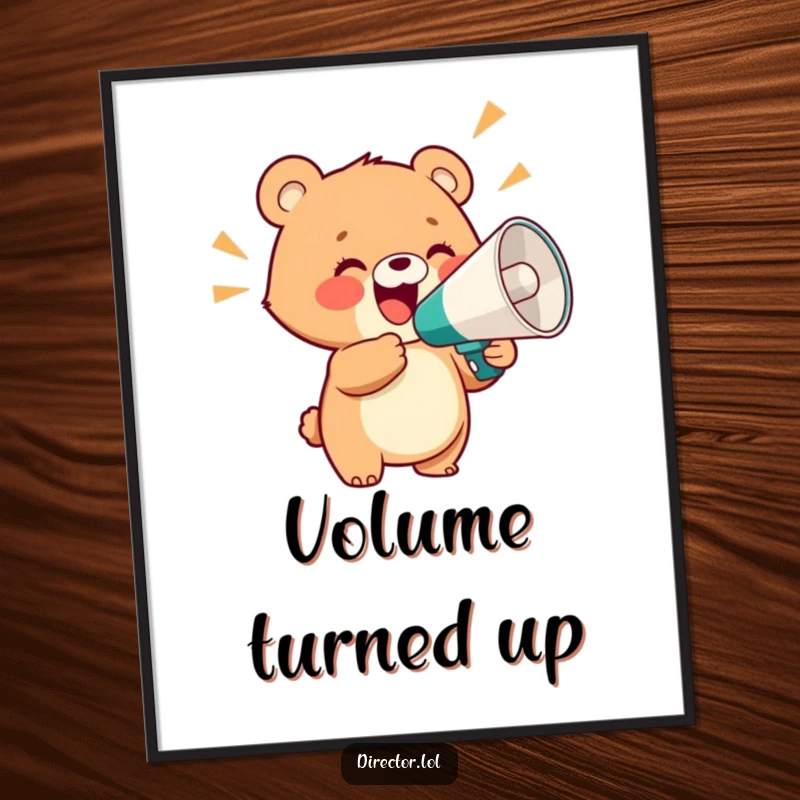 Funny digital art print of a delighted bear cub holding a giant megaphone and shouting with glee, offering instant joyful decor.