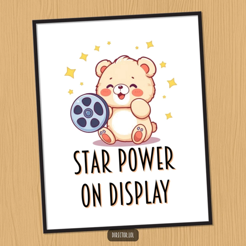 Funny digital art print of a fluffy cartoon bear cub gleefully spinning a film reel, surrounded by bright stars.