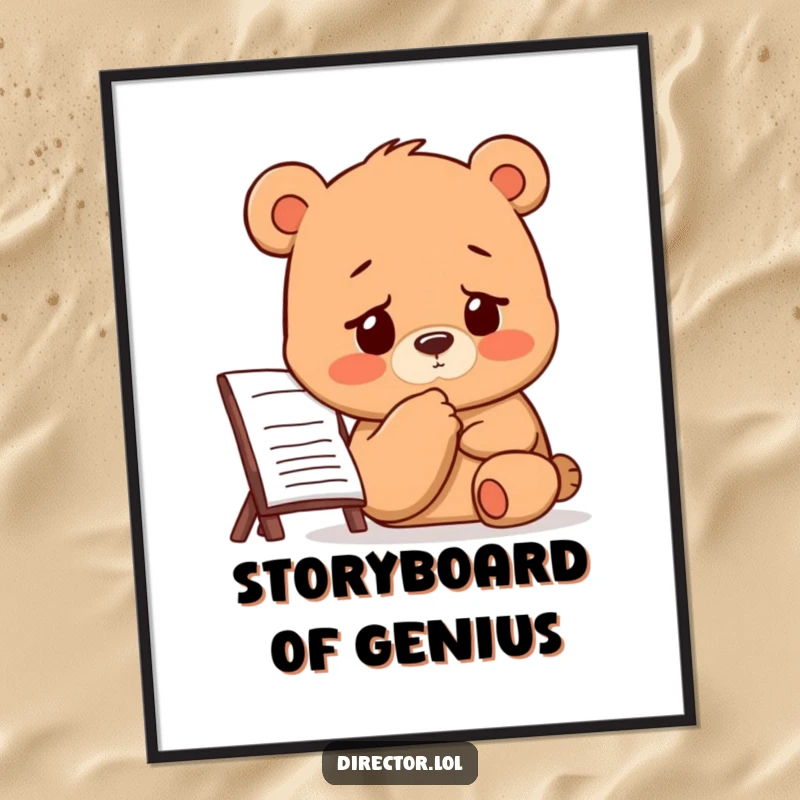 Funny Bear Director Digital Art: A bear taps its chin thoughtfully while looking at a storyboard with a furrowed brow.