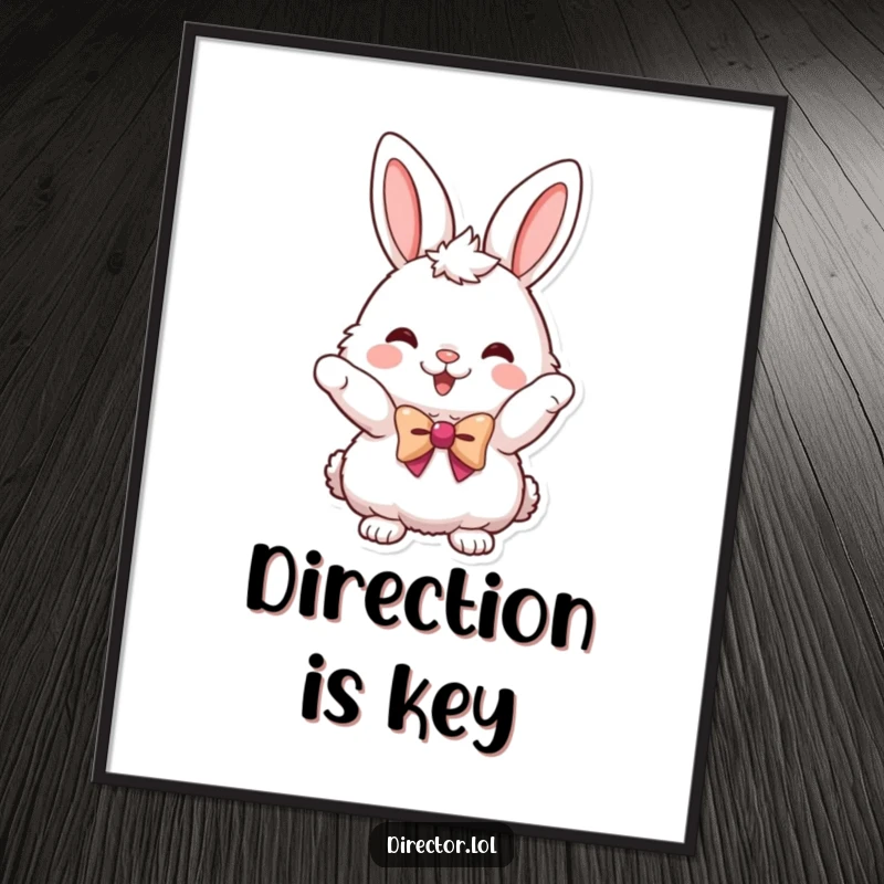 Funny digital art print of a fluffy bunny in a tiny bowtie pointing energetically, ideal for immediate humorous decor.