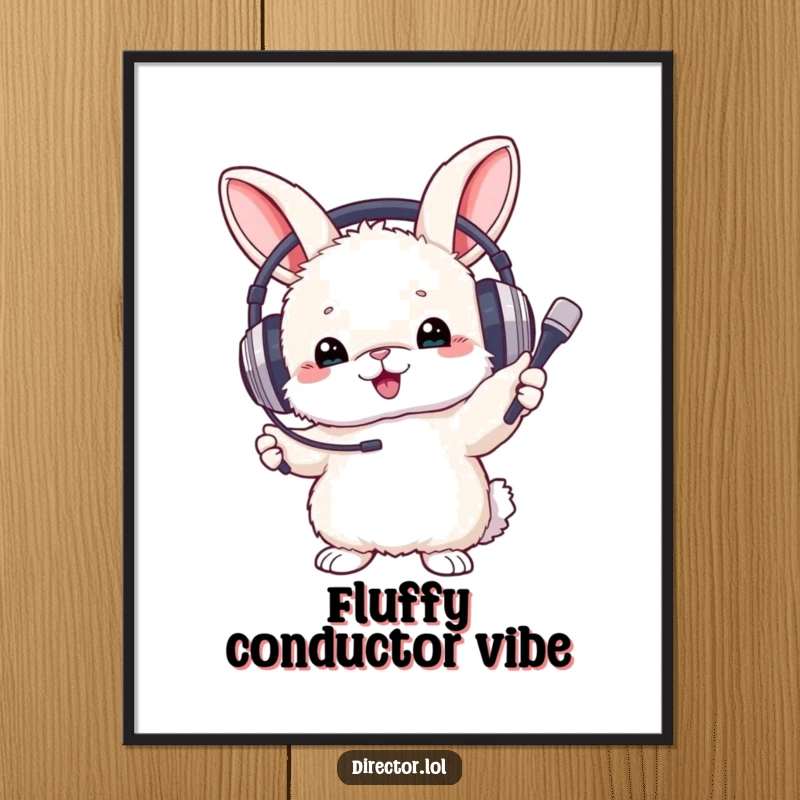 Funny Digital Art Print of a fluffy bunny wearing large headphones, enthusiastically waving a tiny baton like a conductor.