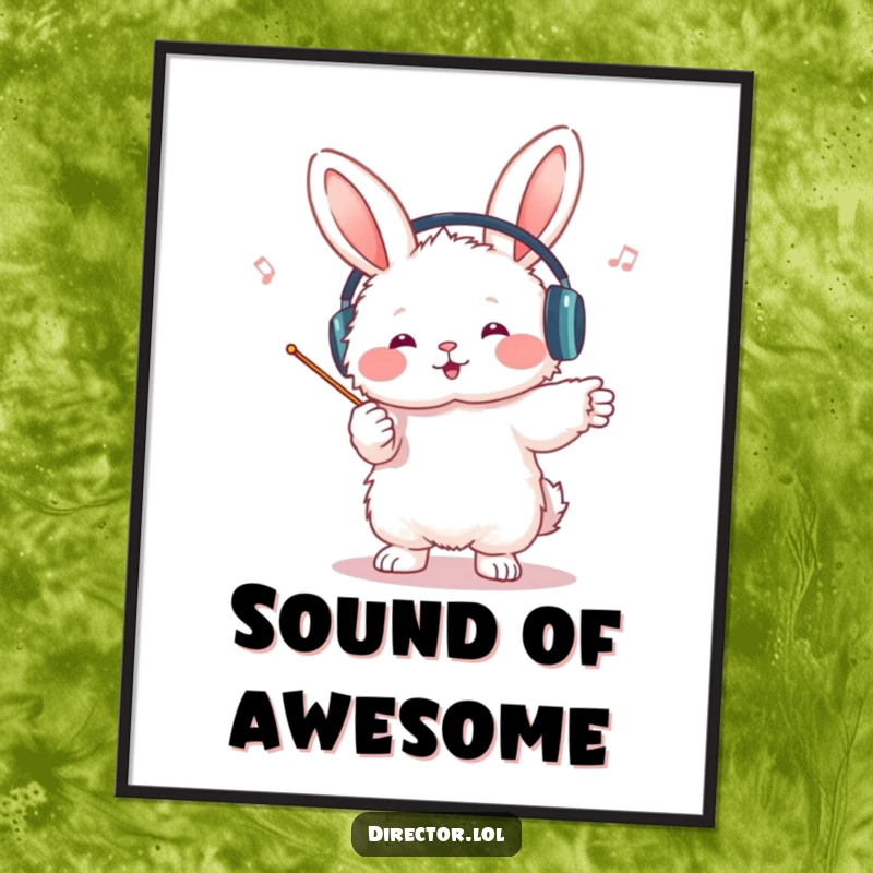Funny bunny conductor digital art print, instant download, a fluffy bunny with headphones, leading an imaginary orchestra with a tiny baton, full of expressive movement.