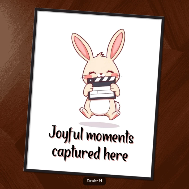 Funny digital art print of a giggling cartoon bunny holding a clapboard and jumping for joy, radiating excitement.