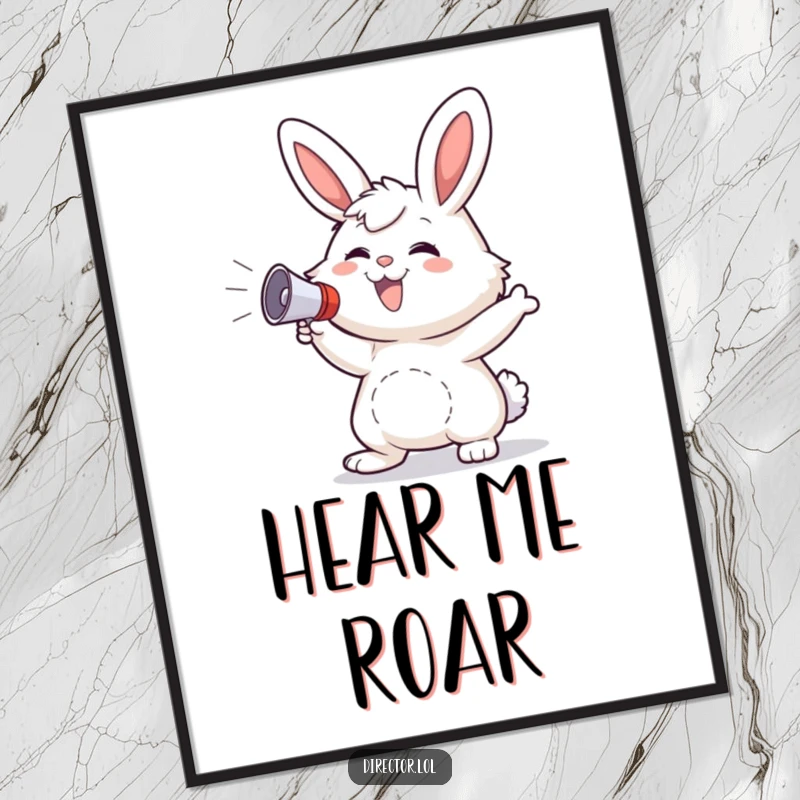 Funny Bunny Digital Art Print: Fluffy bunny grins, gestures wildly with a megaphone, spreading joy.
