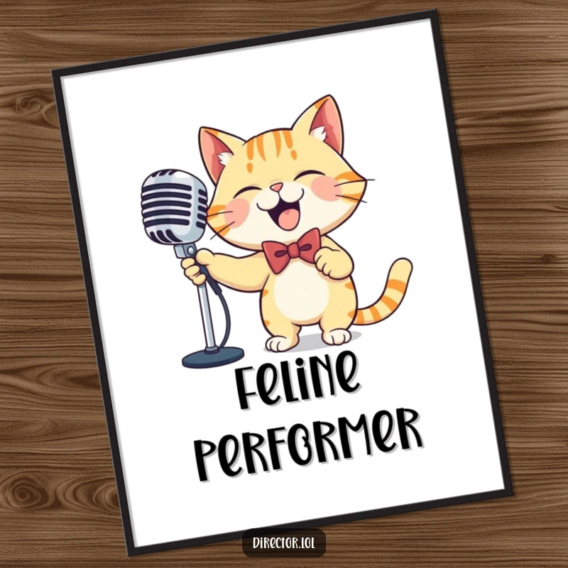 Funny cat microphone digital art print, instant download, a giggling cat in a bowtie, dramatically sweeping a large ornate microphone with pure joyful abandon.