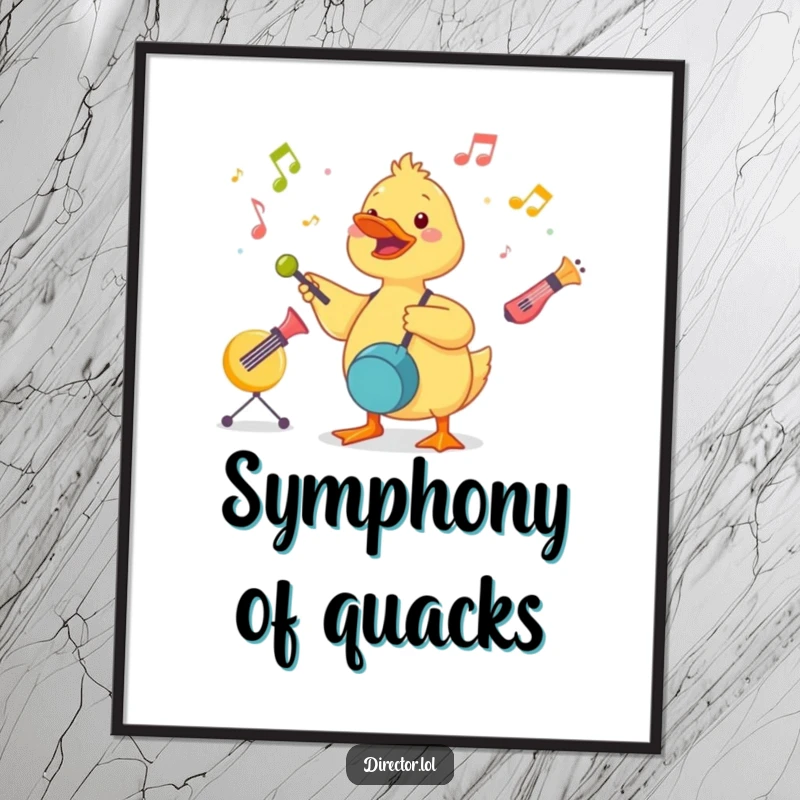 Funny Duckling Conductor Digital Art: A cute duckling energetically conducts a symphony of toy instruments with joyful flair.