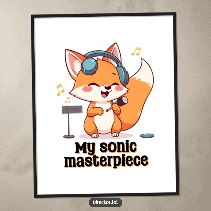 Funny giggling fox with oversized headphones, conducting an invisible orchestra with glee on this downloadable digital art print.