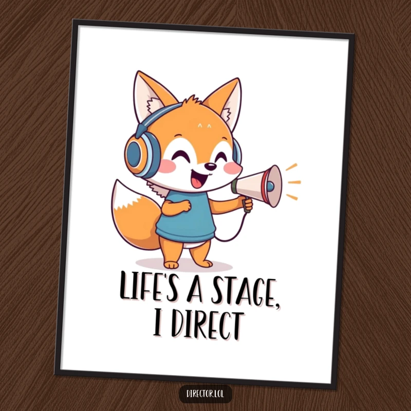 Funny digital art print of a cheerful cartoon fox with oversized headphones, directing invisible actors with a tiny megaphone.