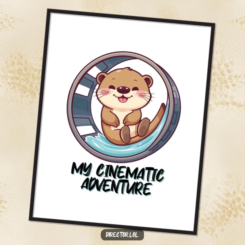 Funny digital art print of a giggling otter using a film reel as a waterslide, capturing movie joy.