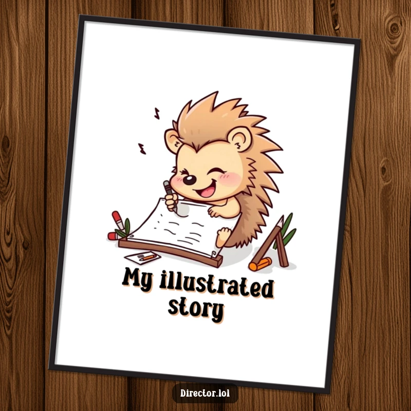 Funny determined hedgehog drawing furiously on a storyboard with a cheerful smile on this downloadable digital art print.