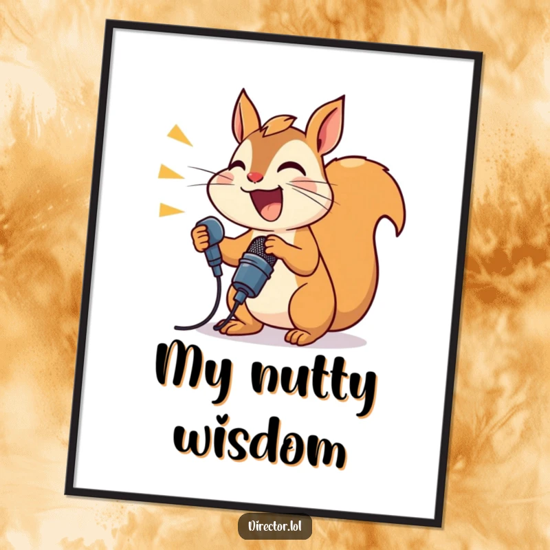 Funny joyful squirrel enthusiastically shouting into a microphone, a humorous announcer digital art print.