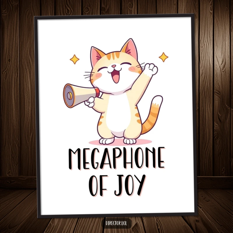 Funny Kawaii Cat Digital Art Print: A high-resolution image of a kawaii cat shouting through a megaphone, paws energetically in the air.