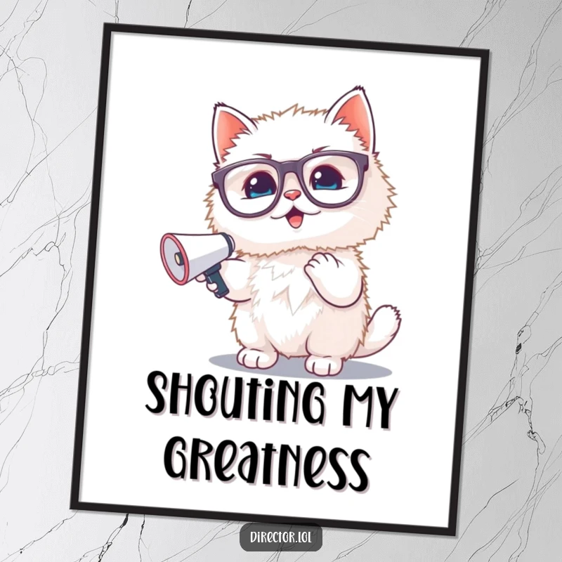 Funny digital art print: A fluffy white kitten sporting oversized glasses waves a miniature megaphone with enthusiastic flair, perfect for digital display.