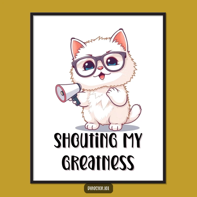 Funny Kitten Megaphone Digital Art: Fluffy Cat Glasses Print, Instant Gift