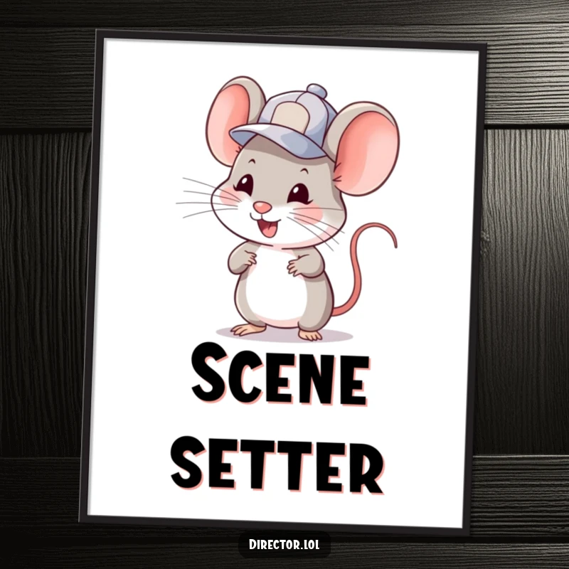 Funny mouse in a cap, winking and gesturing to cue a scene. High-resolution humorous digital art, funny gift.
