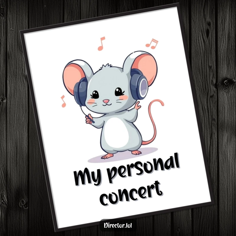 Funny digital art print of a tiny mouse in oversized headphones conducting an orchestra, perfect for instant music-themed decor.