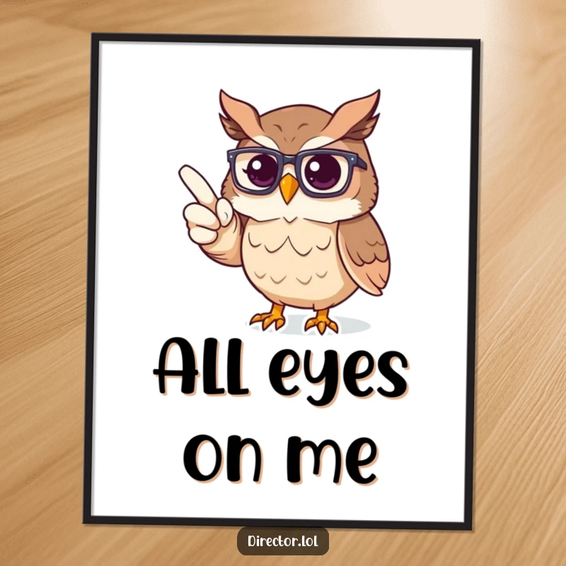 Funny Digital Art: Proud owl wearing glasses pointing towards an imaginary stage, embodying theatrical direction.