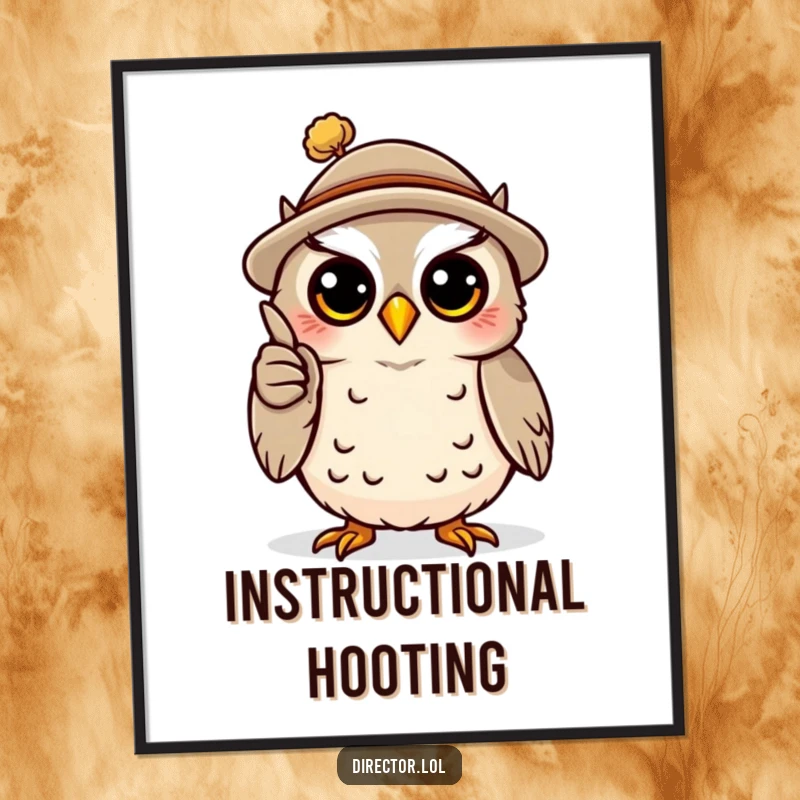 Funny digital art print of a happy owl wearing a tiny hat, dramatically gesturing with a miniature pointer, perfect for humorous and intellectual decor.