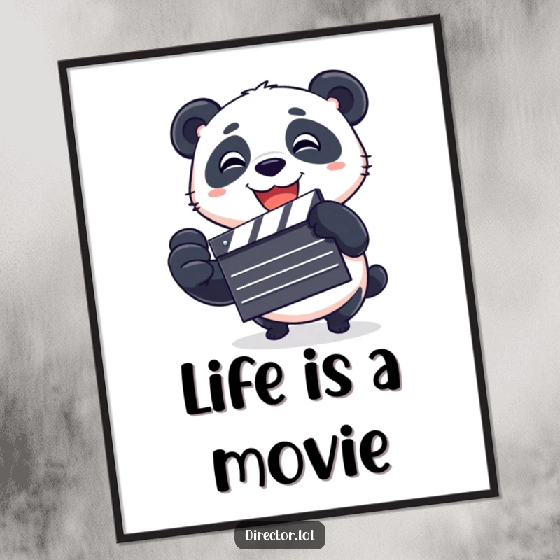 Funny Digital Art of a playful panda spinning a clapboard with an excited grin, bringing vibrant cinematic energy and humor to any room's decor.