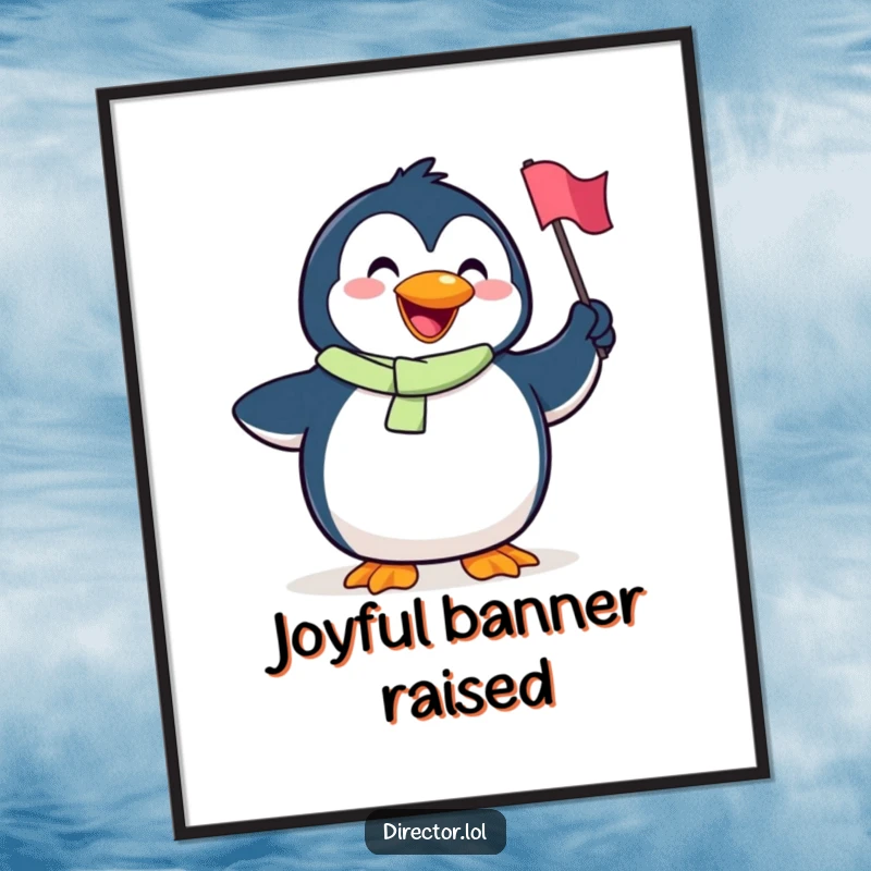 Funny Penguin Digital Art Print: A vibrant print of a goofy penguin with a huge smile joyfully waving a tiny flag.