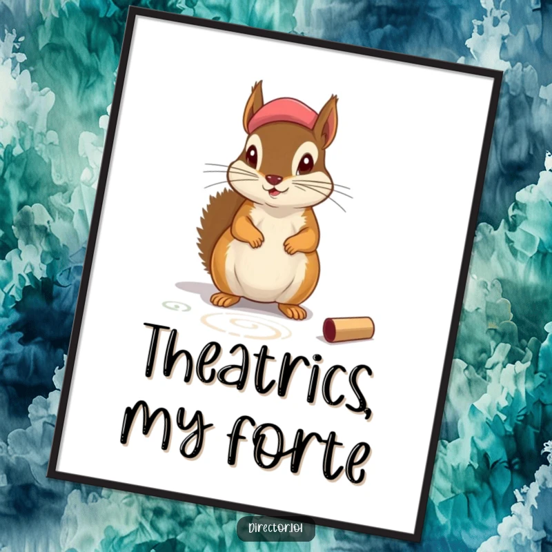 Funny Digital Art Print: A determined squirrel in a beret chalking theatrical markings, a humorous piece of art.