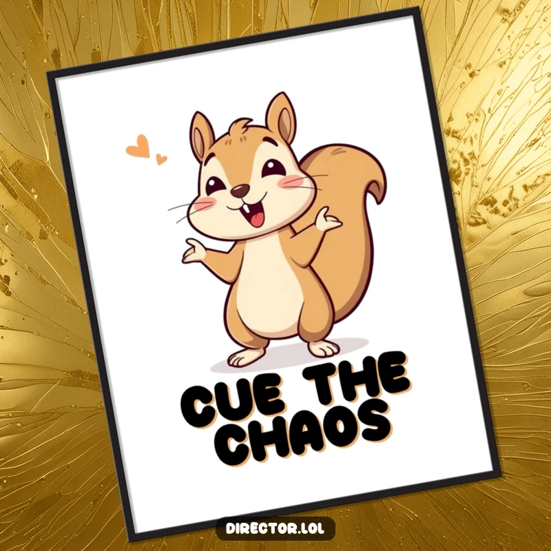 Funny digital art print of a bouncing squirrel giving enthusiastic cues, radiating pure, infectious energy and cheerfulness.