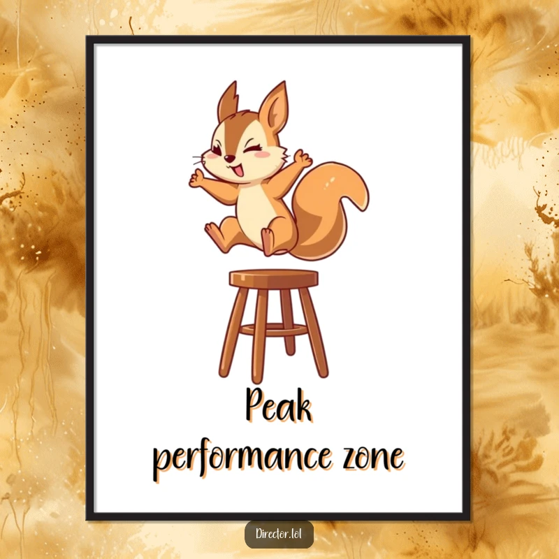 Funny Squirrel Digital Art Print: A vibrant print of a squirrel leaping onto a high stool with incredible focus and determination.