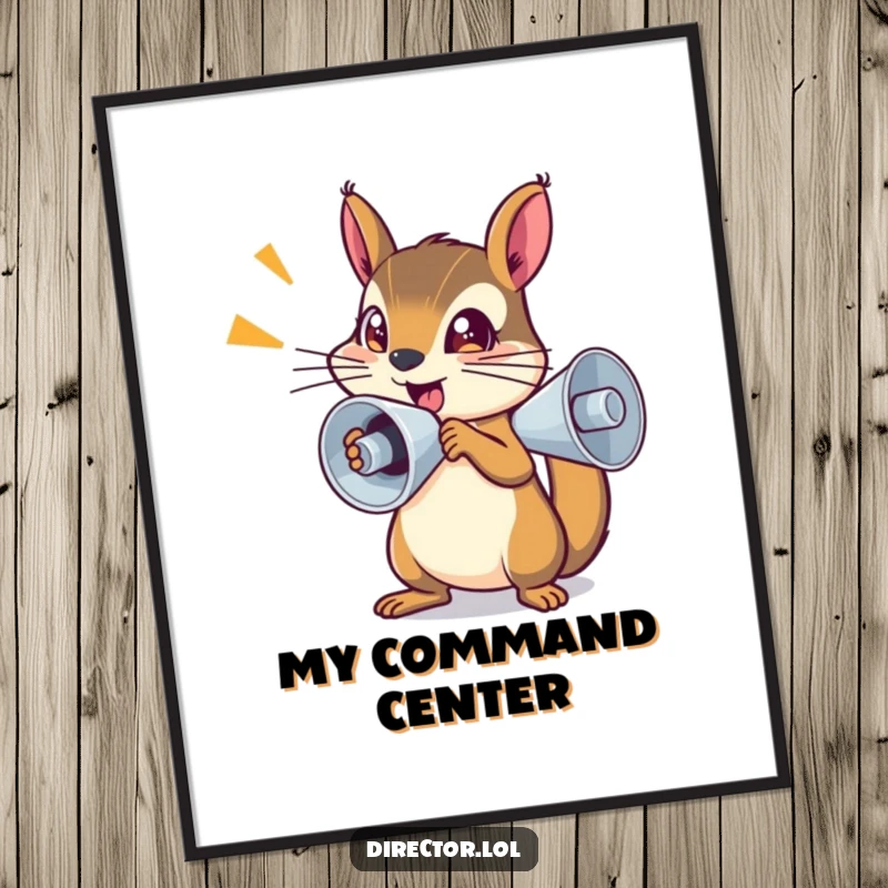 Funny Digital Art: Determined squirrel shouting through a megaphone, sparkling eyes, motivational and printable wall decor.