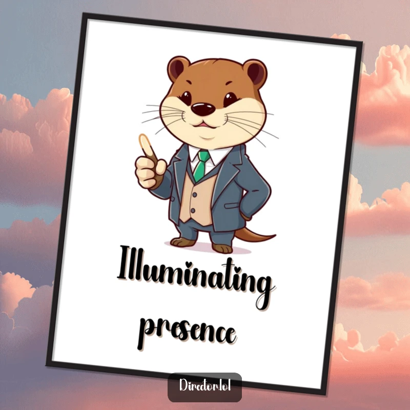 Funny otter in a stylish suit, holding a glowing pointer, gesturing dramatically. High-resolution humorous digital art, funny gift.