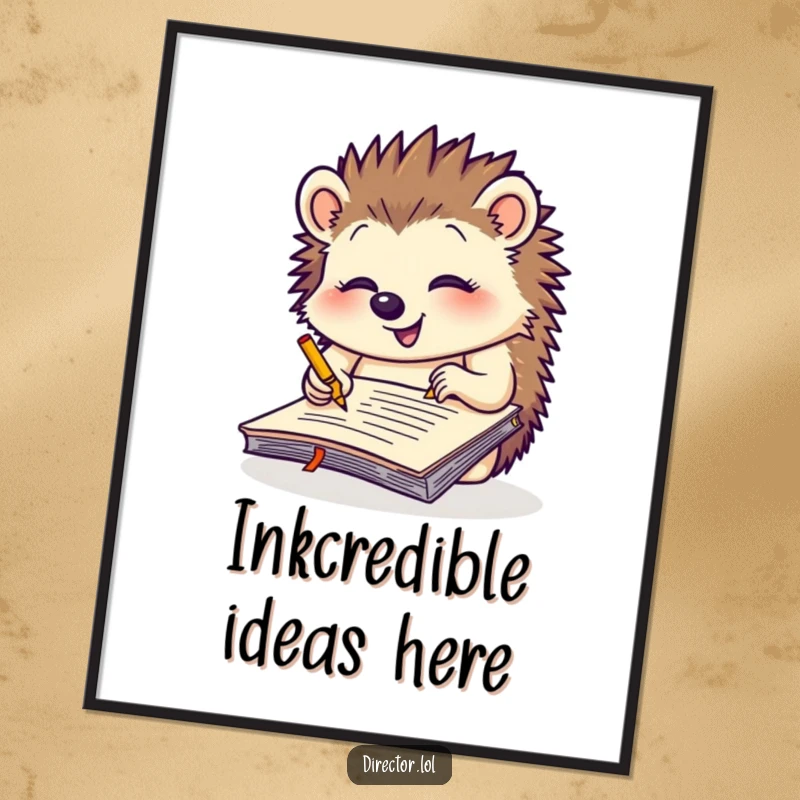 Funny giggling hedgehog scribbling notes on a giant yellow notepad, a downloadable digital art print for creative and whimsical decor.