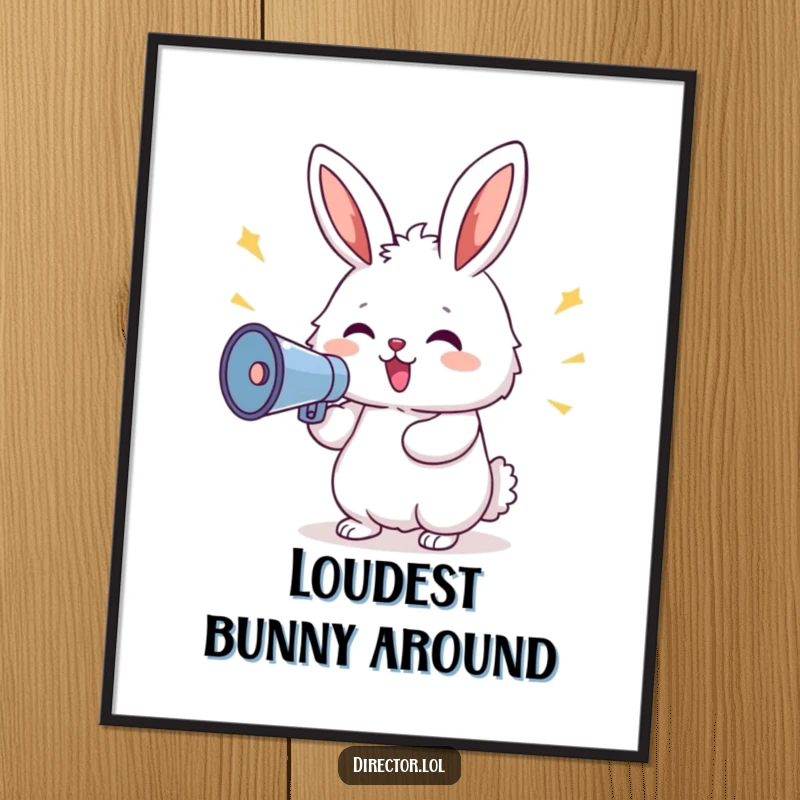 Funny Bunny Megaphone Digital Art: Delighted fluffy bunny shouting commands through a megaphone, adding instant cheer and humor to any space.