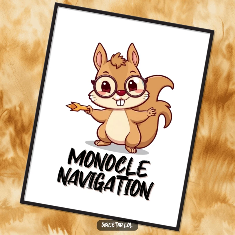 Funny squirrel digital art print of a mischievous squirrel wearing a monocle, enthusiastically pointing with a tiny arrow.