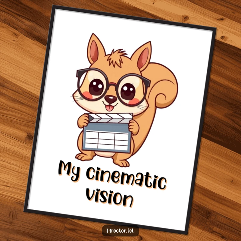 Funny cheerful squirrel sporting spectacles, holding a clapboard with wide, curious eyes on this downloadable digital art print.