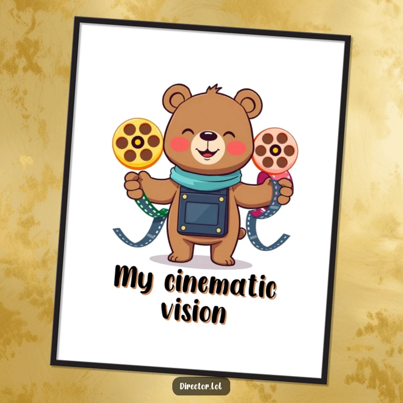 Funny smiling bear gleefully juggling three colorful film reels, a downloadable digital art print for joyful and whimsical decor.