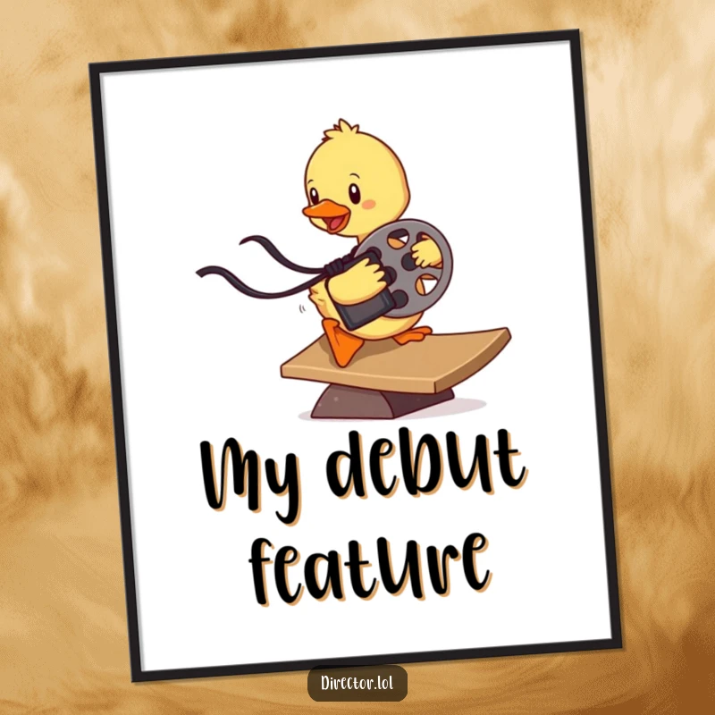 Funny determined duckling sliding down a ramp holding a film reel, a downloadable digital art print for cinematic and whimsical decor.