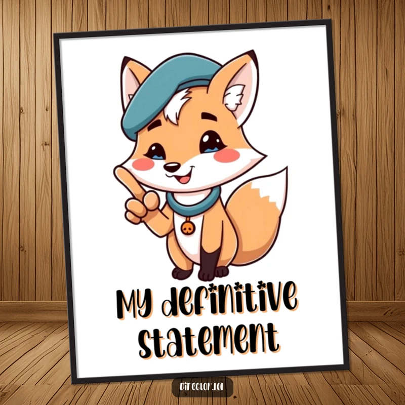 Funny digital art print of a cheerful fox in a beret, dramatically pointing with a proud smile, offering instant humorous decor.